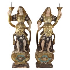 Coppia di Angeli Reggicero in Legno Italia Inizio XVIII Secolo