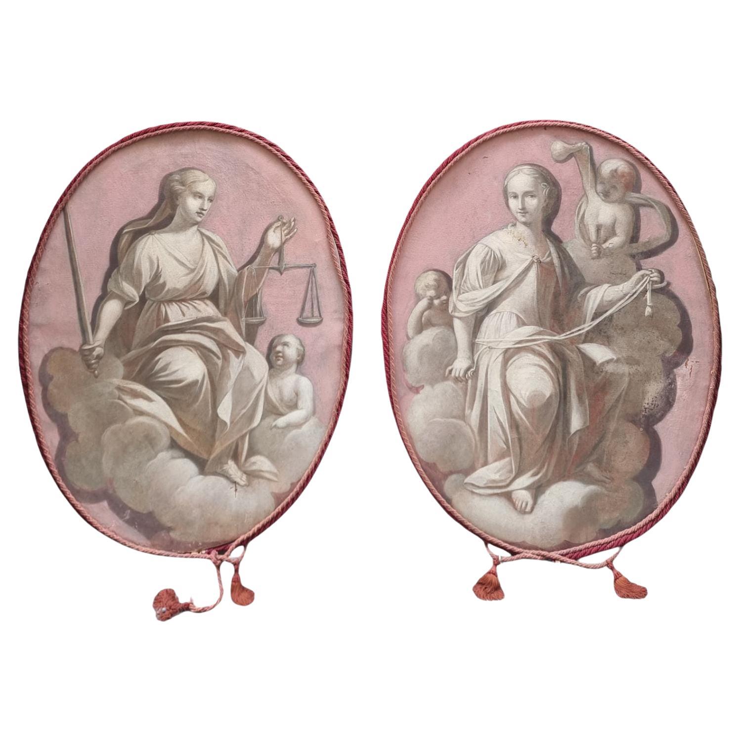 Coppia di antichi dipinti ovali XVIII secolo in vendita