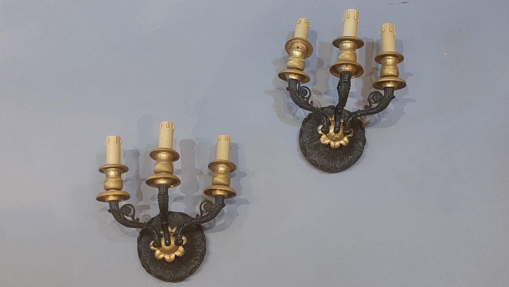 Two gold-leafed and darkened Empire apliques, from whose circular base the three arms emerge. They are not signed but considering the quality they are certainly by a good foundry craftsman. 
These are pieces that can be integrated into an eclectic