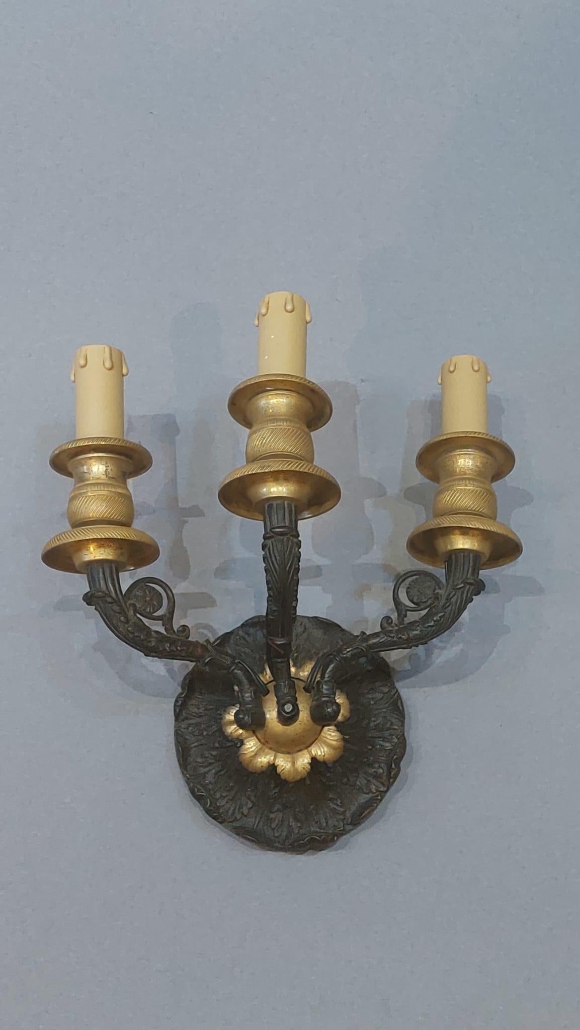 French Pair of Empire-style apliques in burnished and gilded bronze For Sale