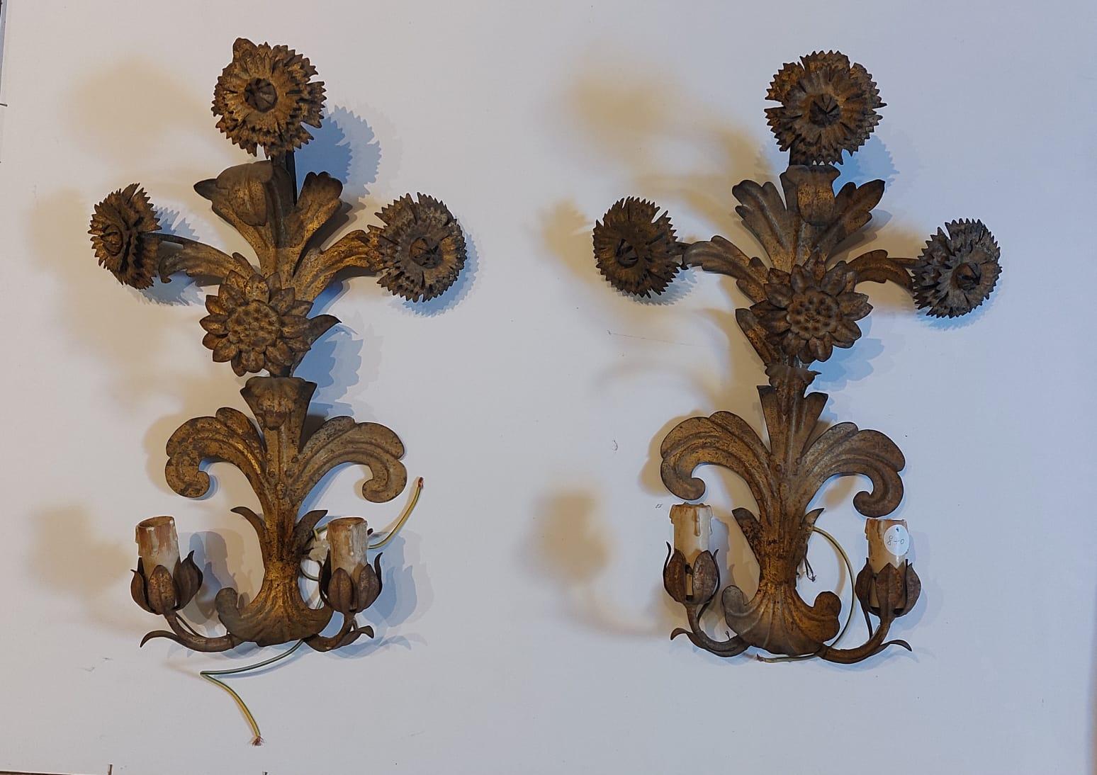 La coppia di apliques è in ferro e lamiera dorata. Le decorazioni sono floreali, con fiori che ricordano le dalie, e vegetali, a foglia d'acanto. 
Le apliques erano presenti un tempo nei palazzi, nei corridoi e dei grandi saloni per illuminare le