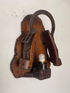 Pair of handcrafted solid wood wall sconces with horseshoes, from the 1970s
