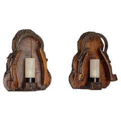 Pair of handcrafted solid wood wall sconces with horseshoes, from the 1970s