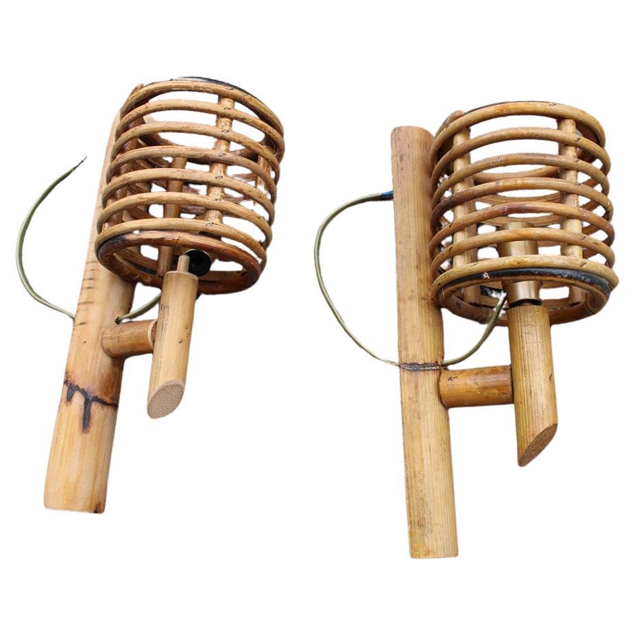 Pair of Italian Midollino and Bamboo Wall Lights from the 1950s  For Sale