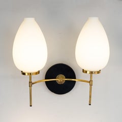 Pair of glass and brass wall lamps, 1950s mid-century black and white