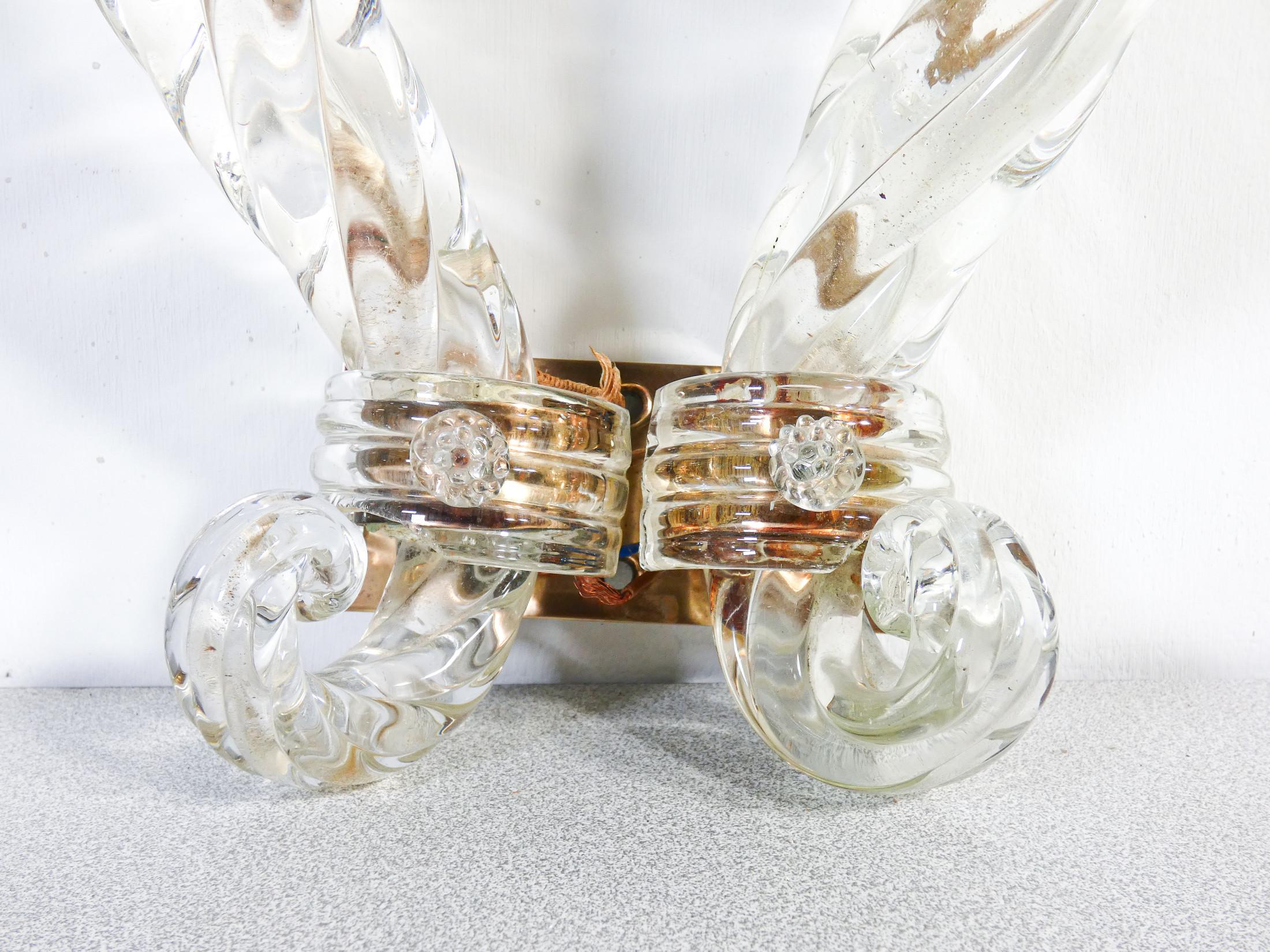 Pair of BAROVIER transparent and bronze blown glass wall sconces. Italy For Sale 6