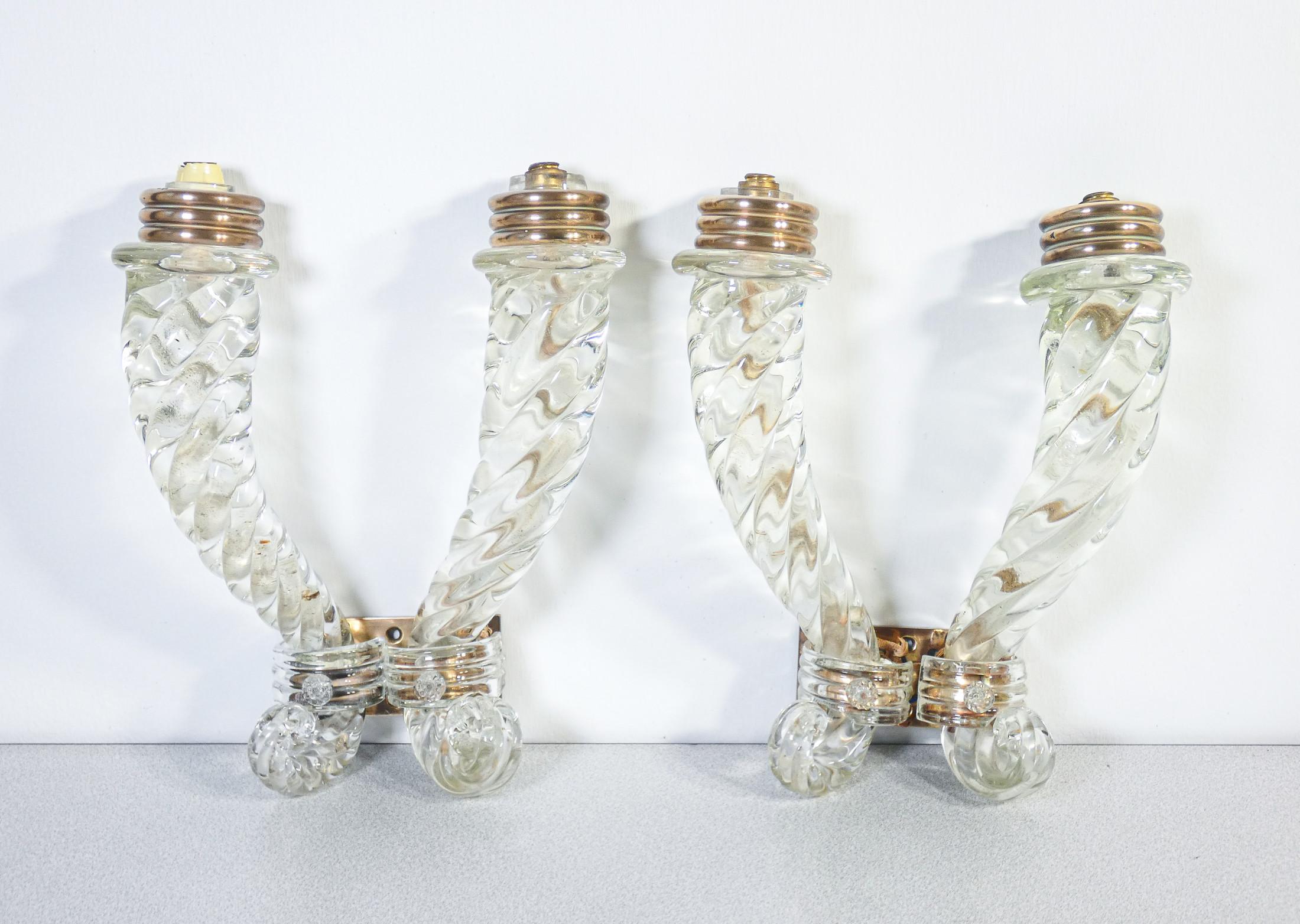 Italian Pair of BAROVIER transparent and bronze blown glass wall sconces. Italy For Sale