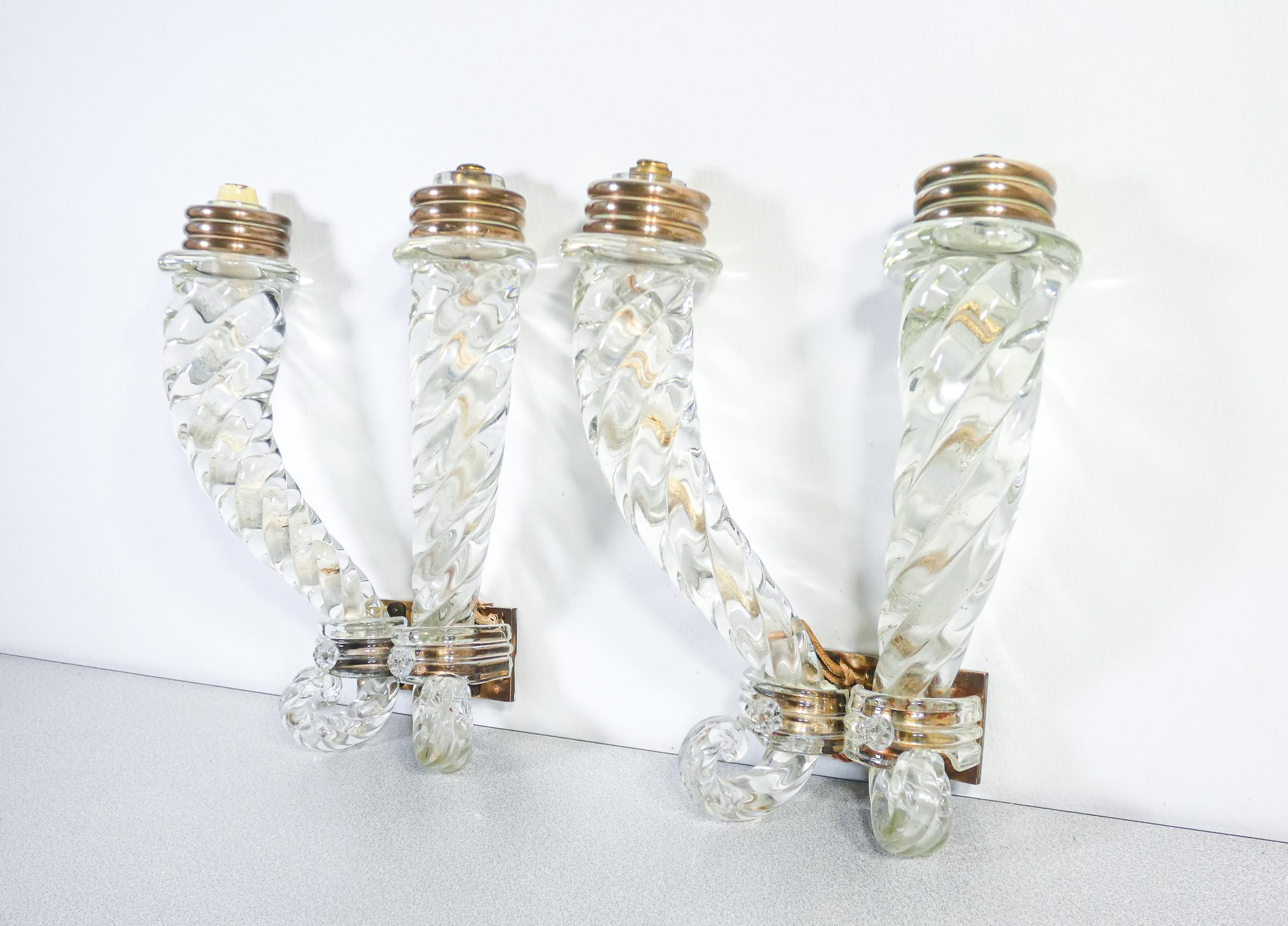 Pair of BAROVIER transparent and bronze blown glass wall sconces. Italy In Good Condition For Sale In Torino, IT