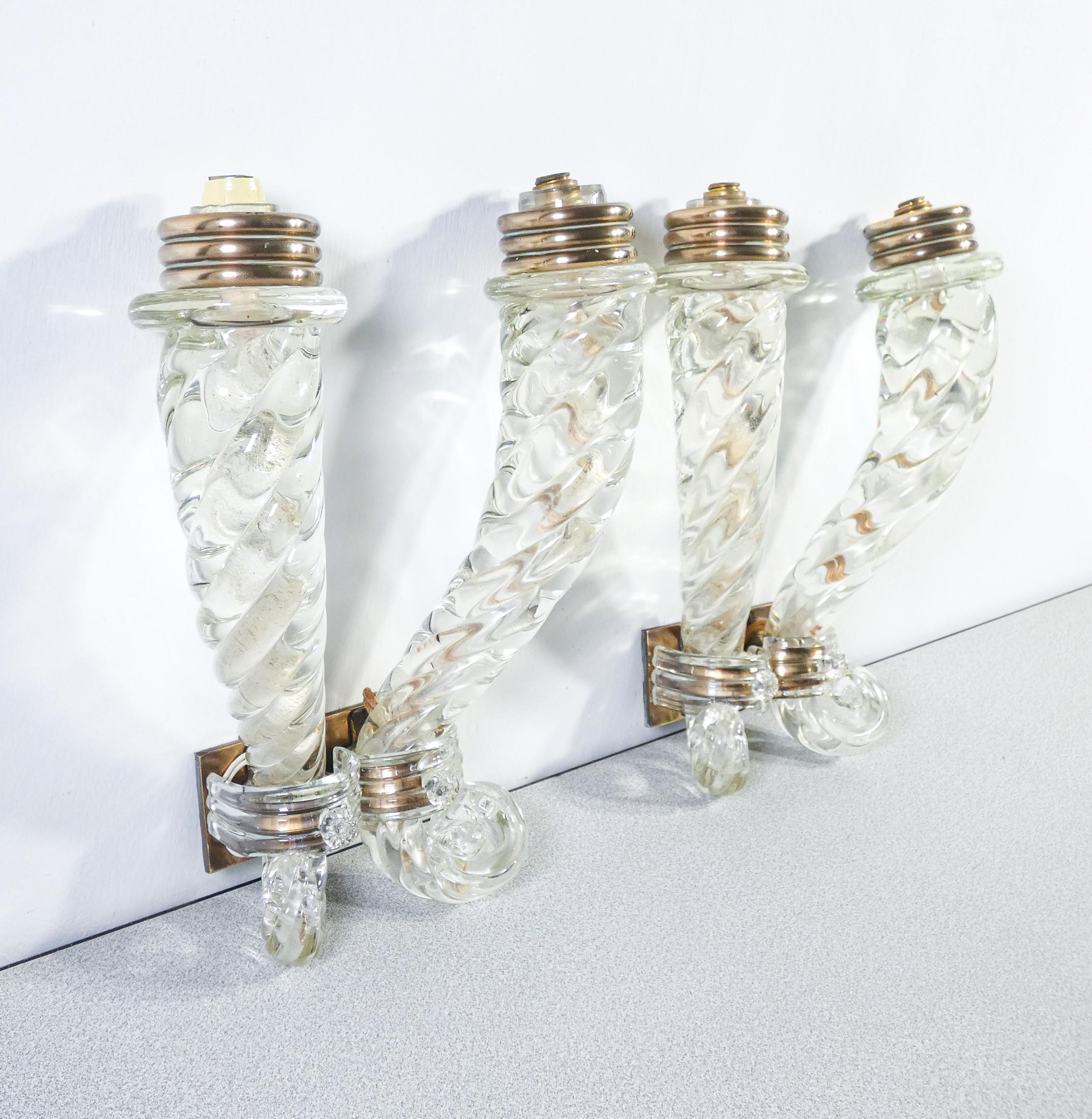 20th Century Pair of BAROVIER transparent and bronze blown glass wall sconces. Italy For Sale