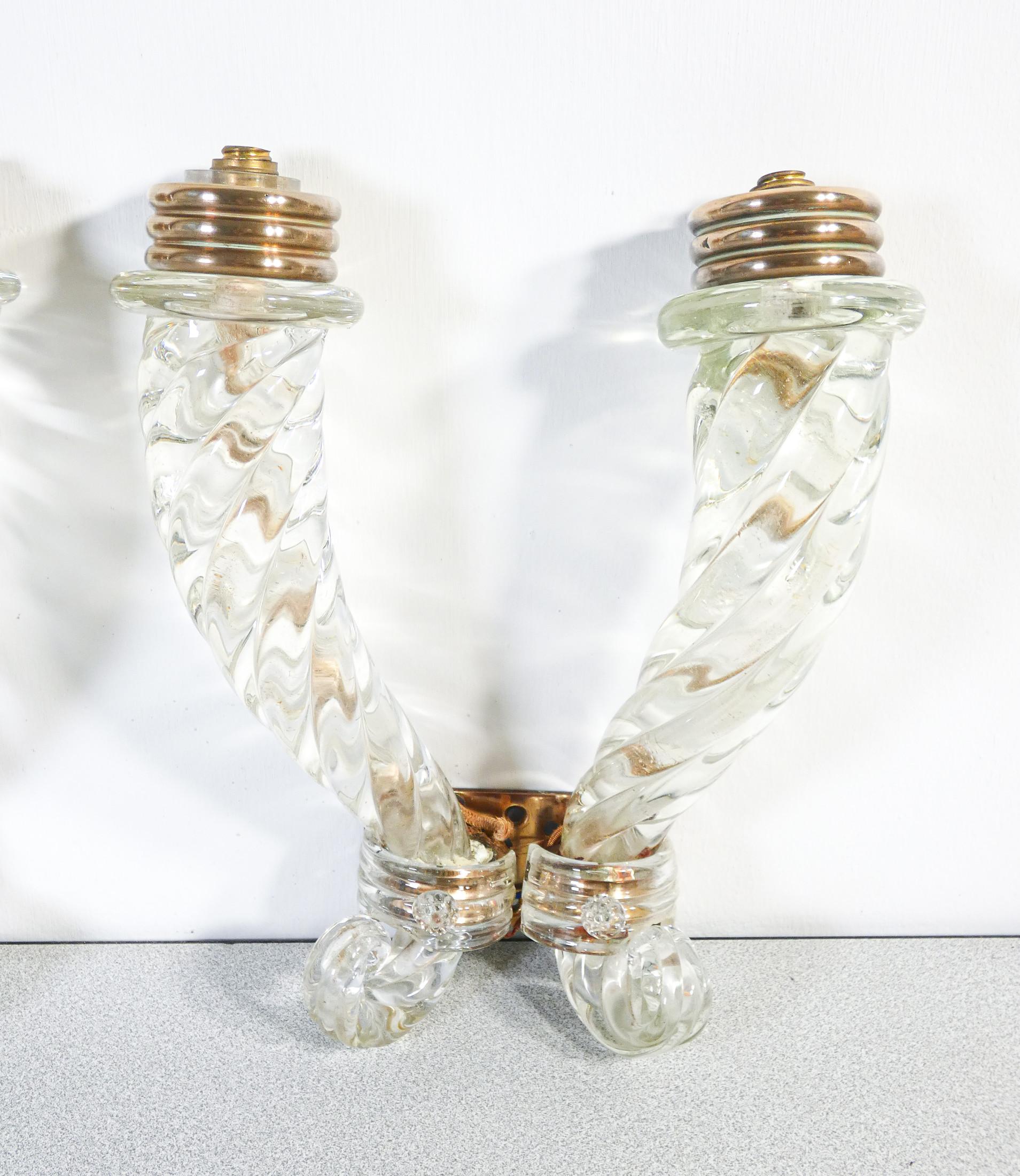 Pair of BAROVIER transparent and bronze blown glass wall sconces. Italy For Sale 2