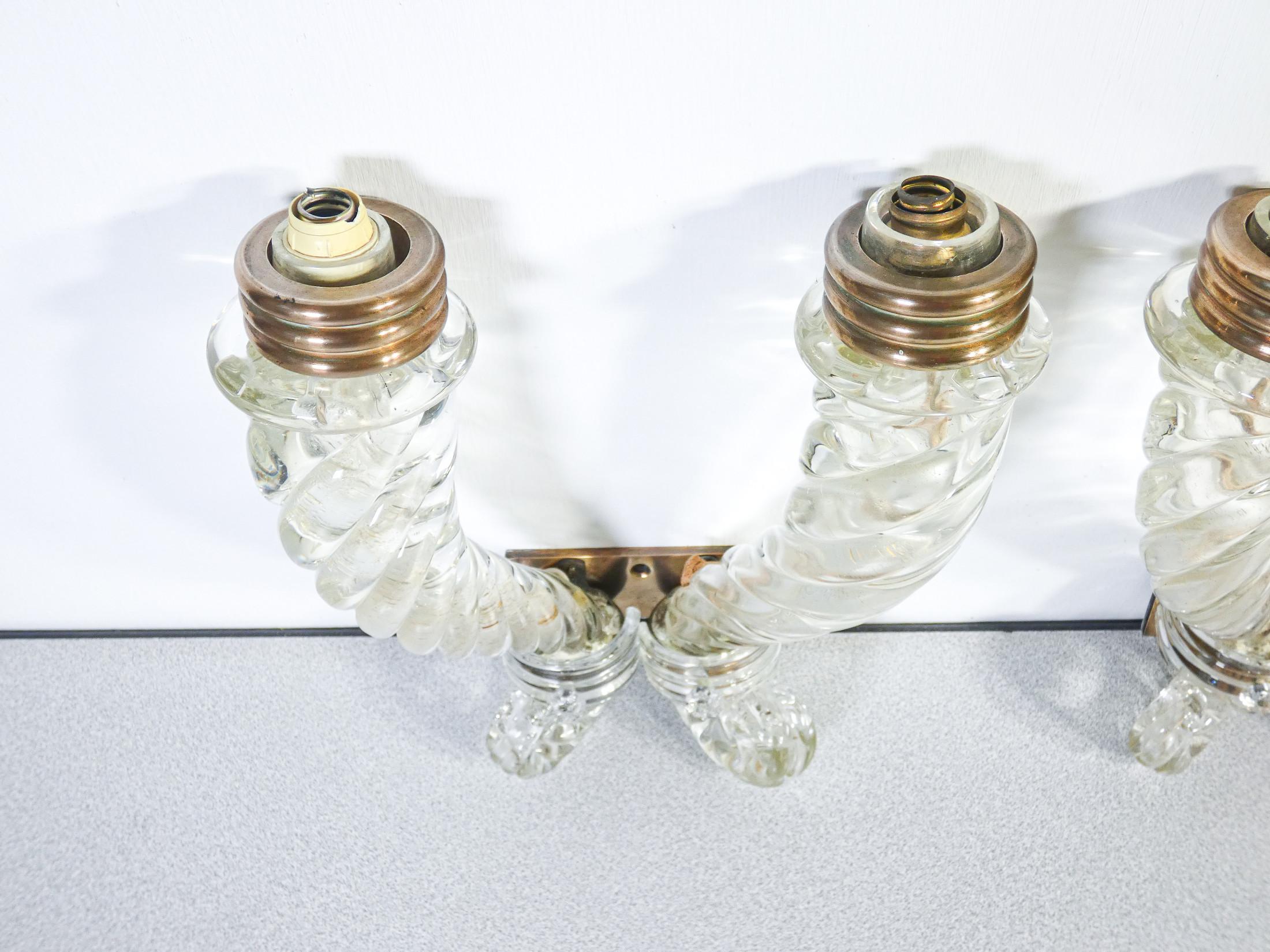 Pair of BAROVIER transparent and bronze blown glass wall sconces. Italy For Sale 3