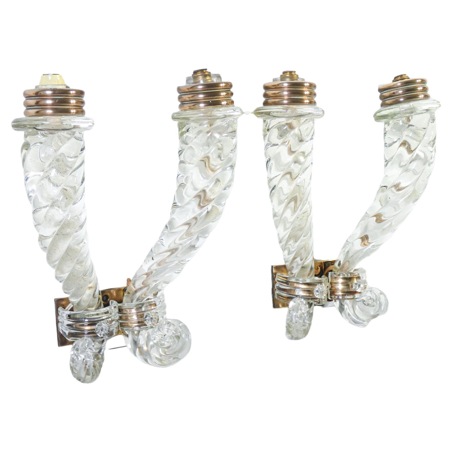 Pair of BAROVIER transparent and bronze blown glass wall sconces. Italy For Sale