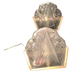 Pair Of French Wall Lights 1930s Art D'eco Frosted Glass Chrome Metal