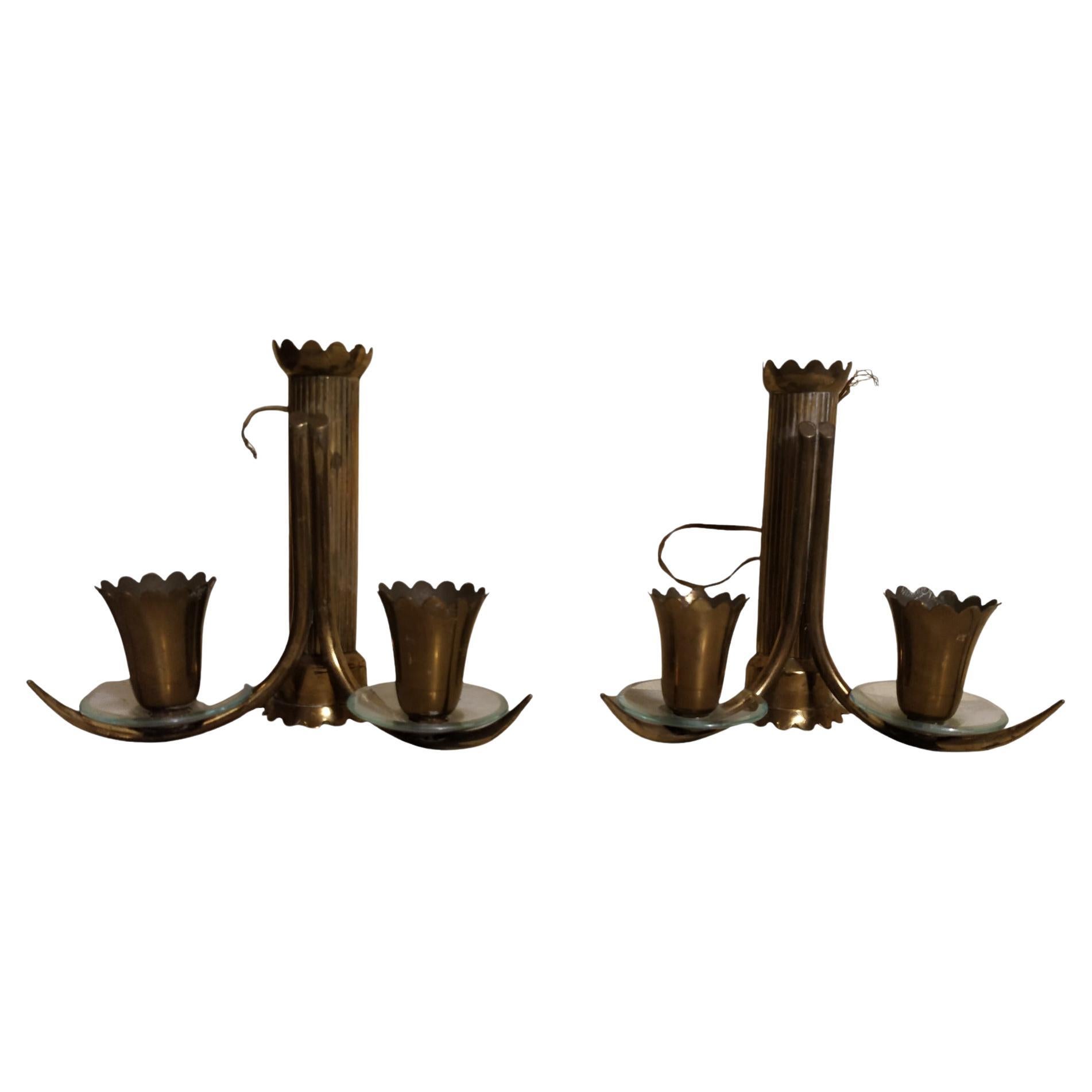Pair of brass wall sconces with beveled glass Italy