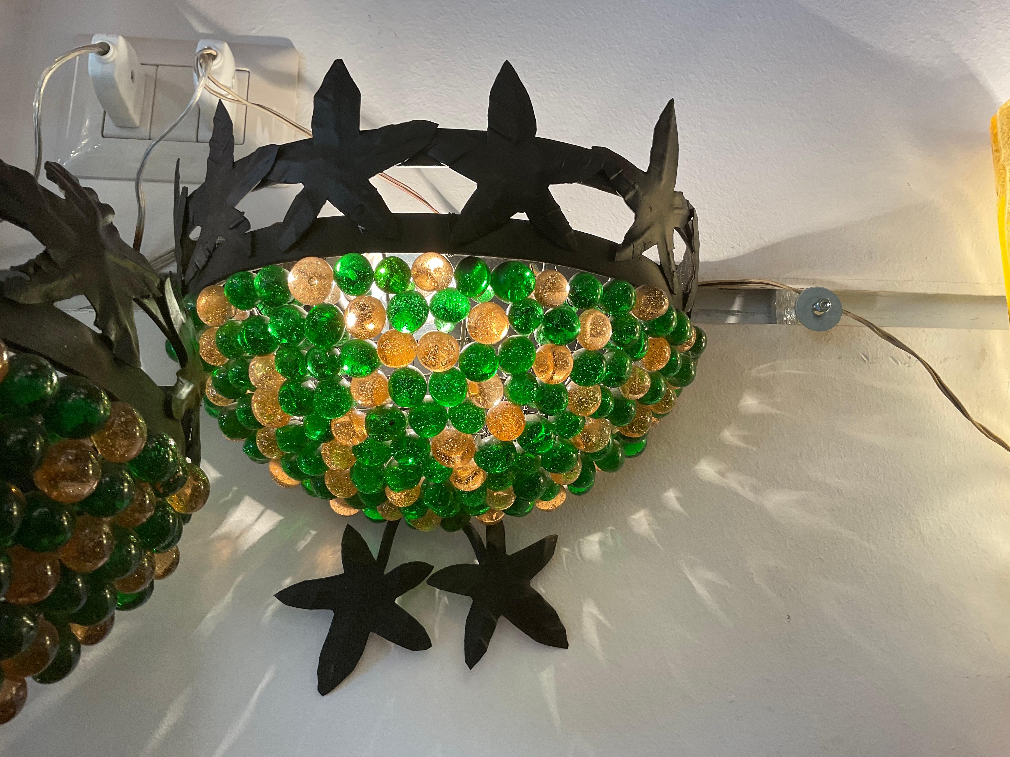 Italian Coppia di appliques in vetro di murano e ferro battuto in vendita