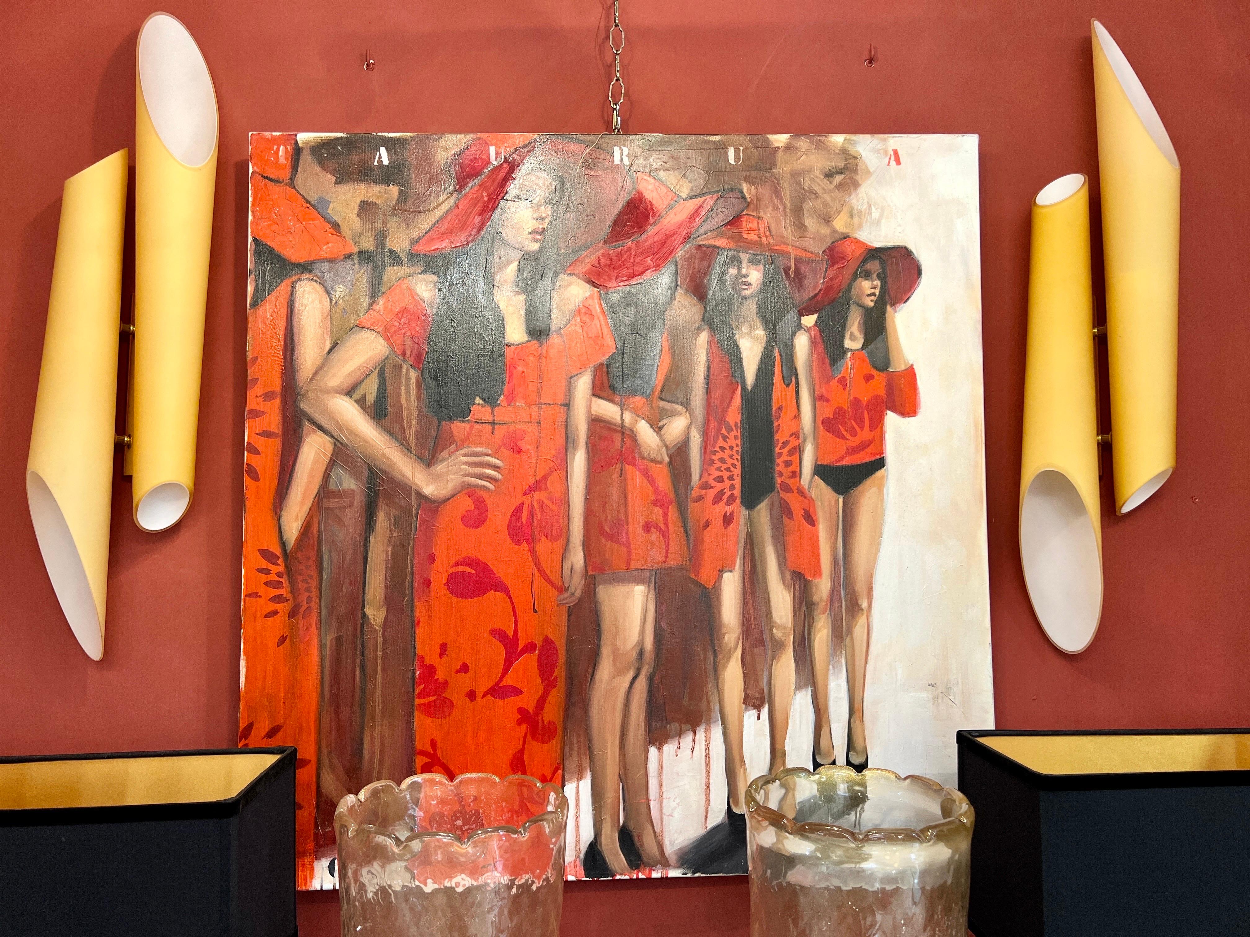 Coppia di appliques in vetro di Murano incamiciato-Farbe Creme, 1950er Jahre im Angebot 4