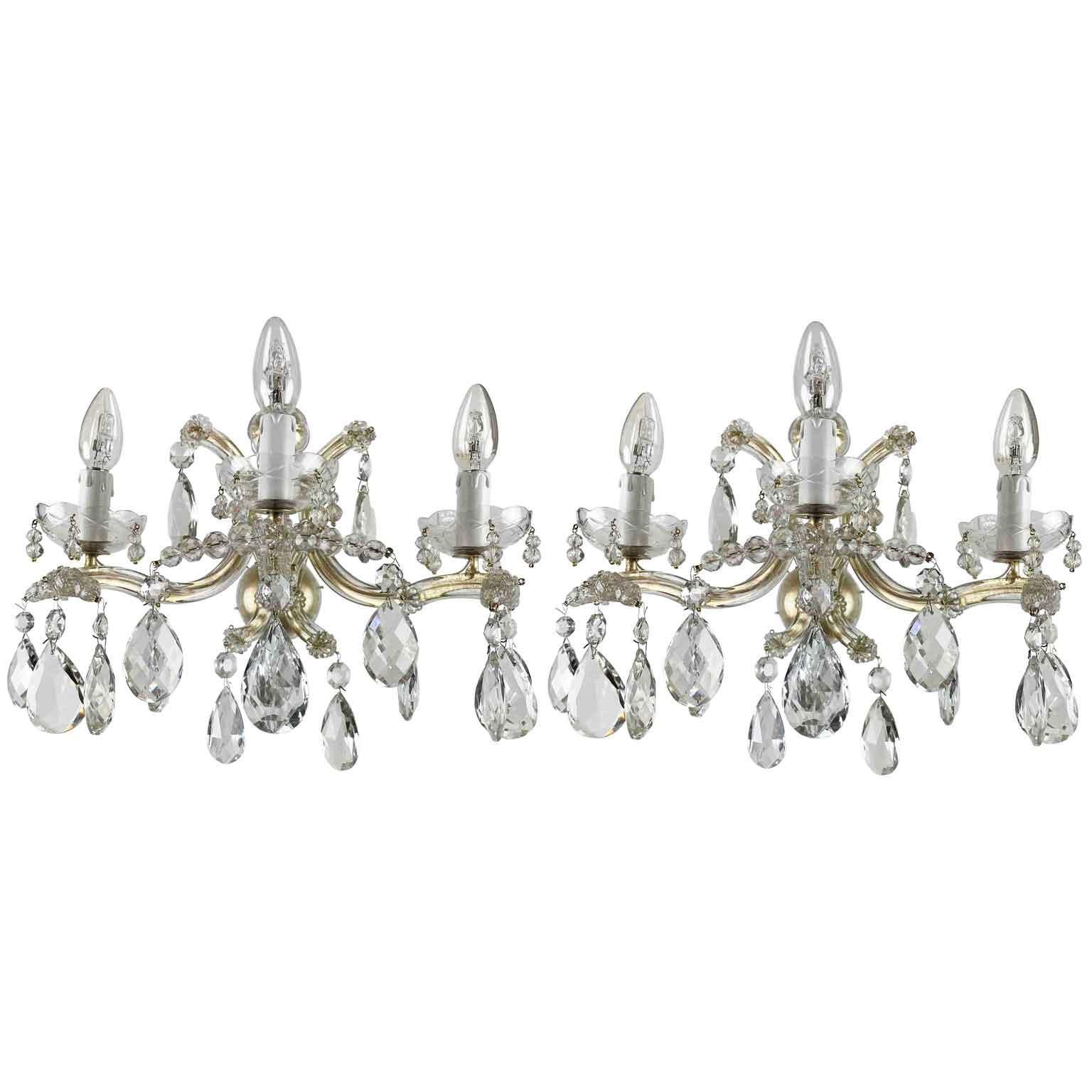Pareja De Apliques De Cristal Italianos Estilo Maria Teresa Tres Luces Siglo XX en venta 1