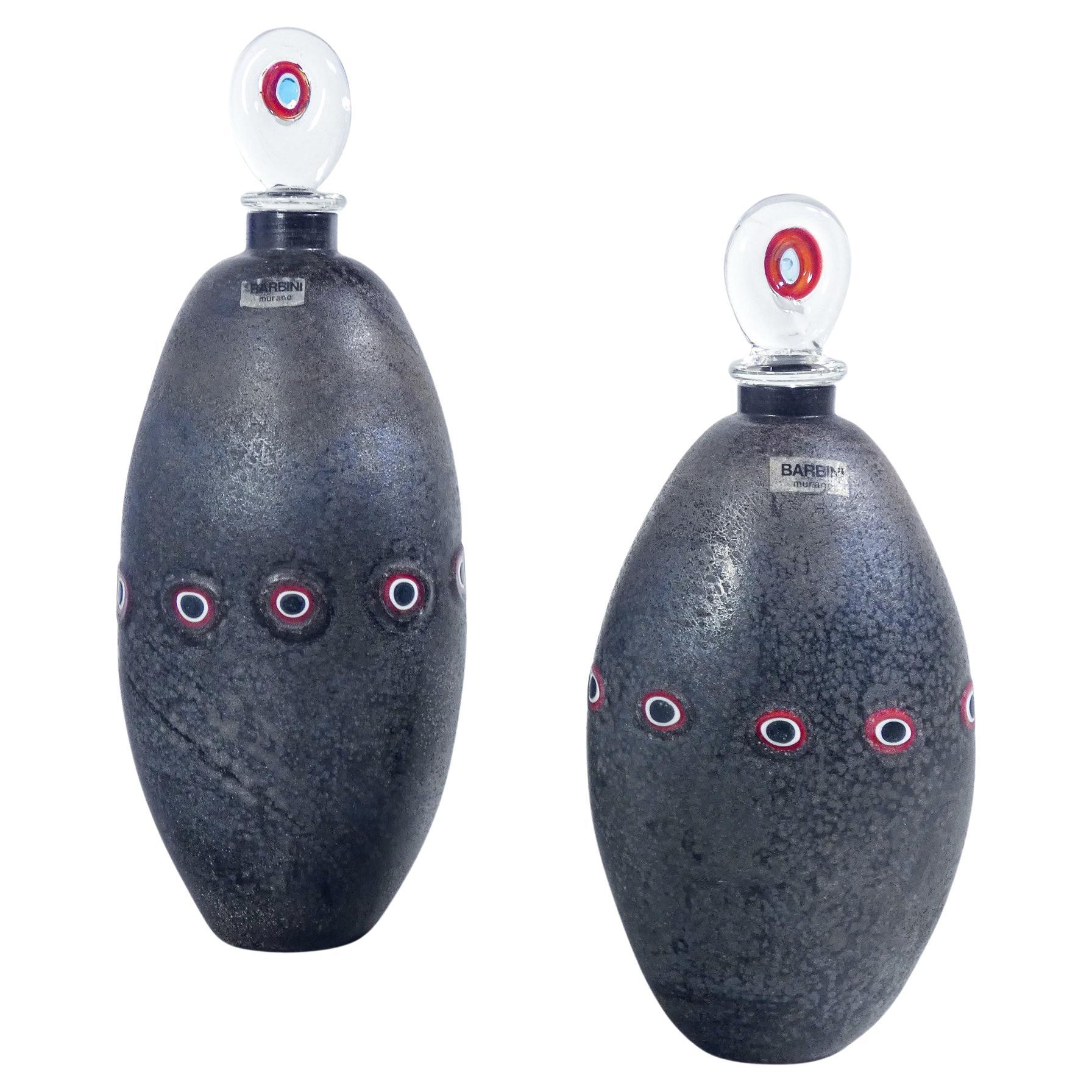 Coppia di bottiglie della serie Scavo, design Alfredo BARBINI. Murano, Anni 70