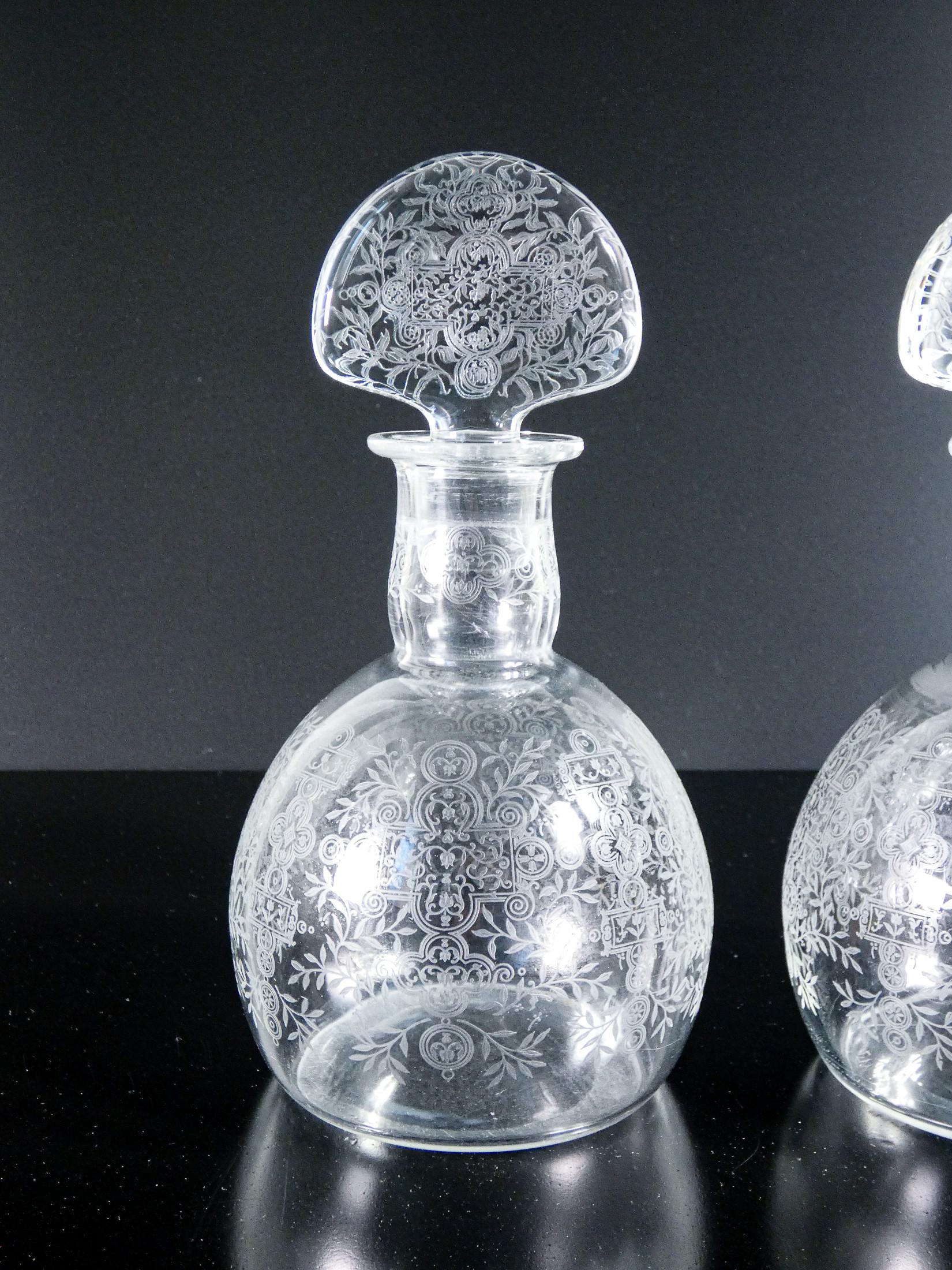 French Pair of BACCARAT crystal bottles, morivo Marillon. France, 1940s For Sale