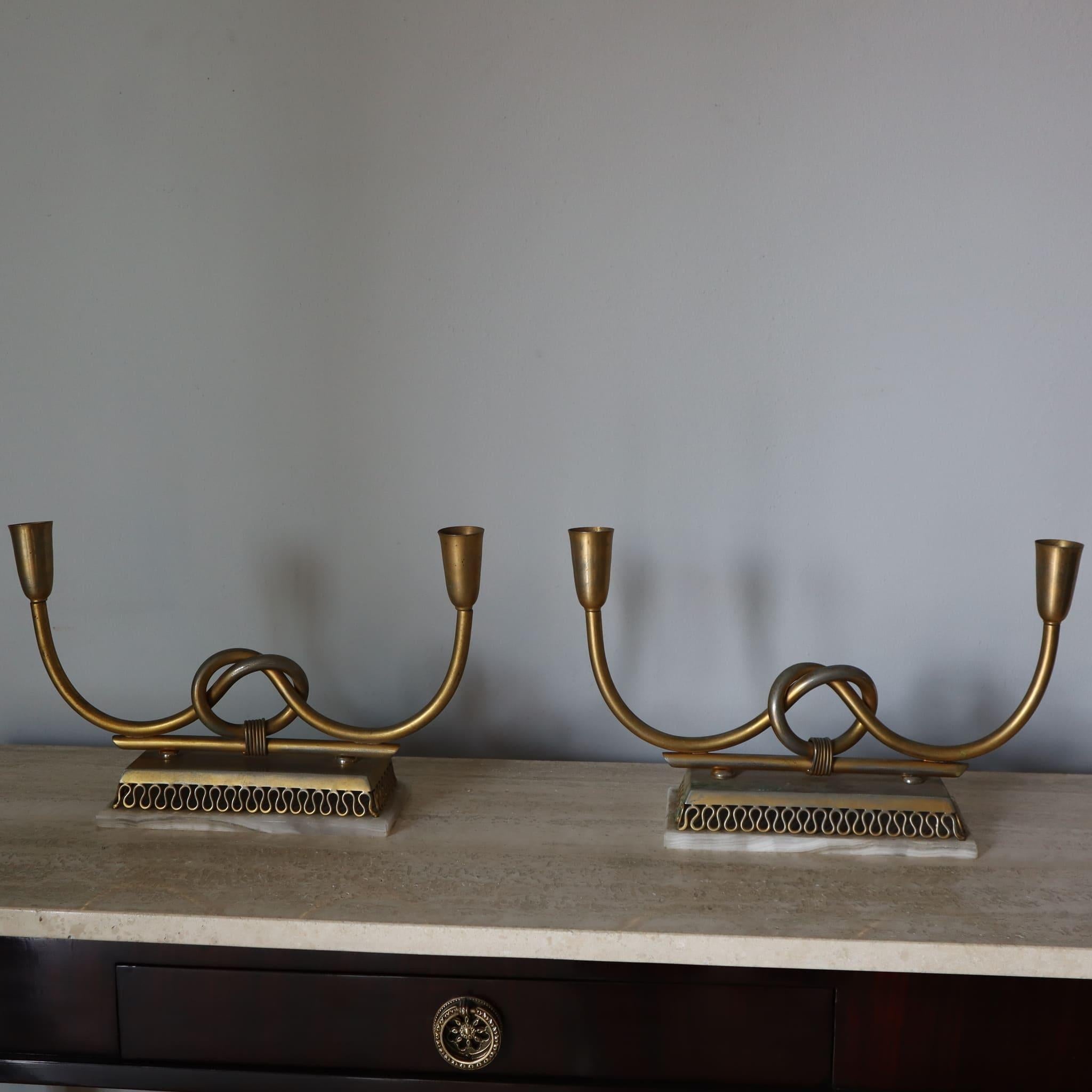 Mid-Century Modern Bougeoirs en onyx plaqué laiton par Gio Ponti Italie 1950s