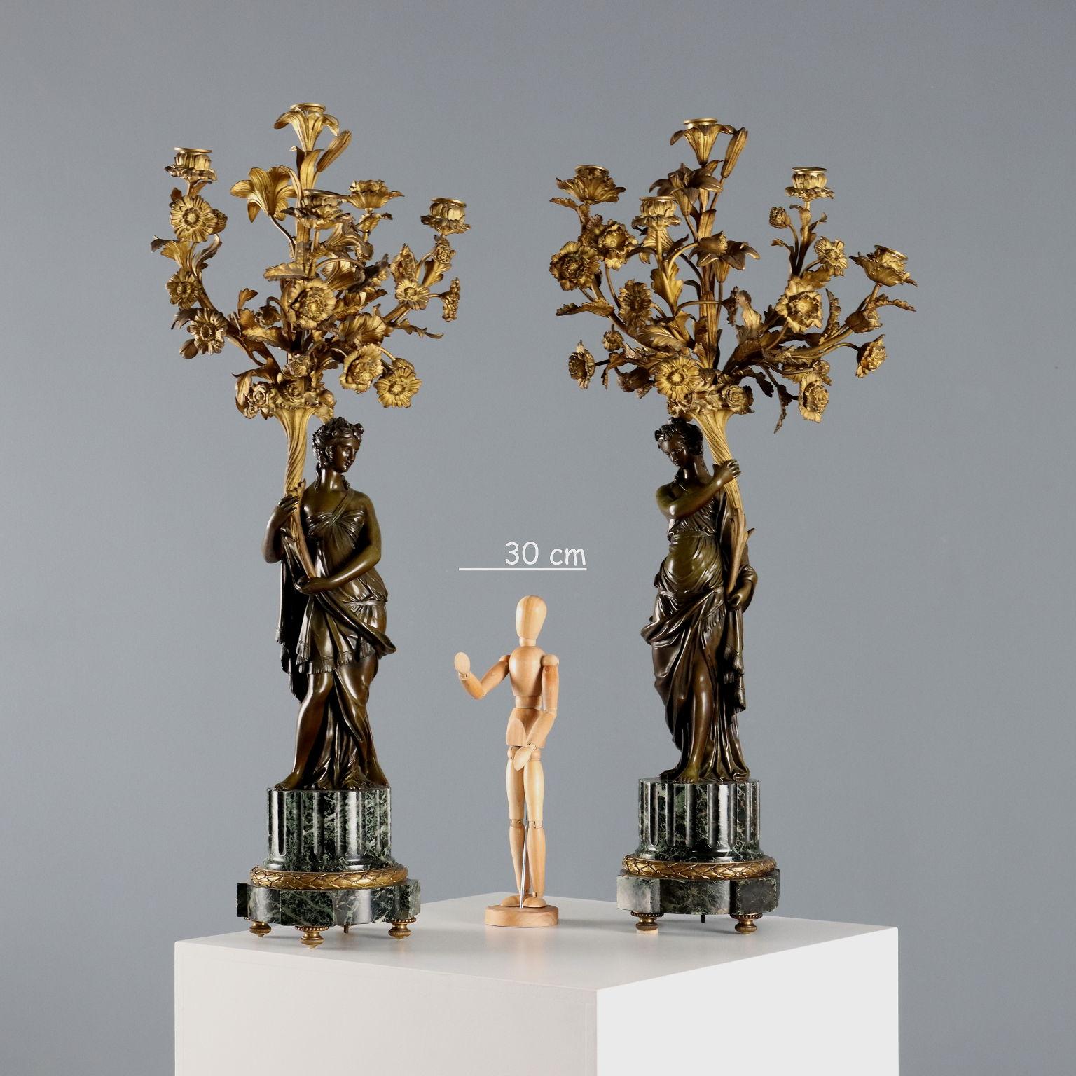 Other Pair of Bronze and Alpine Green Marble Candelabra France Late 1800s Early 1900s For Sale