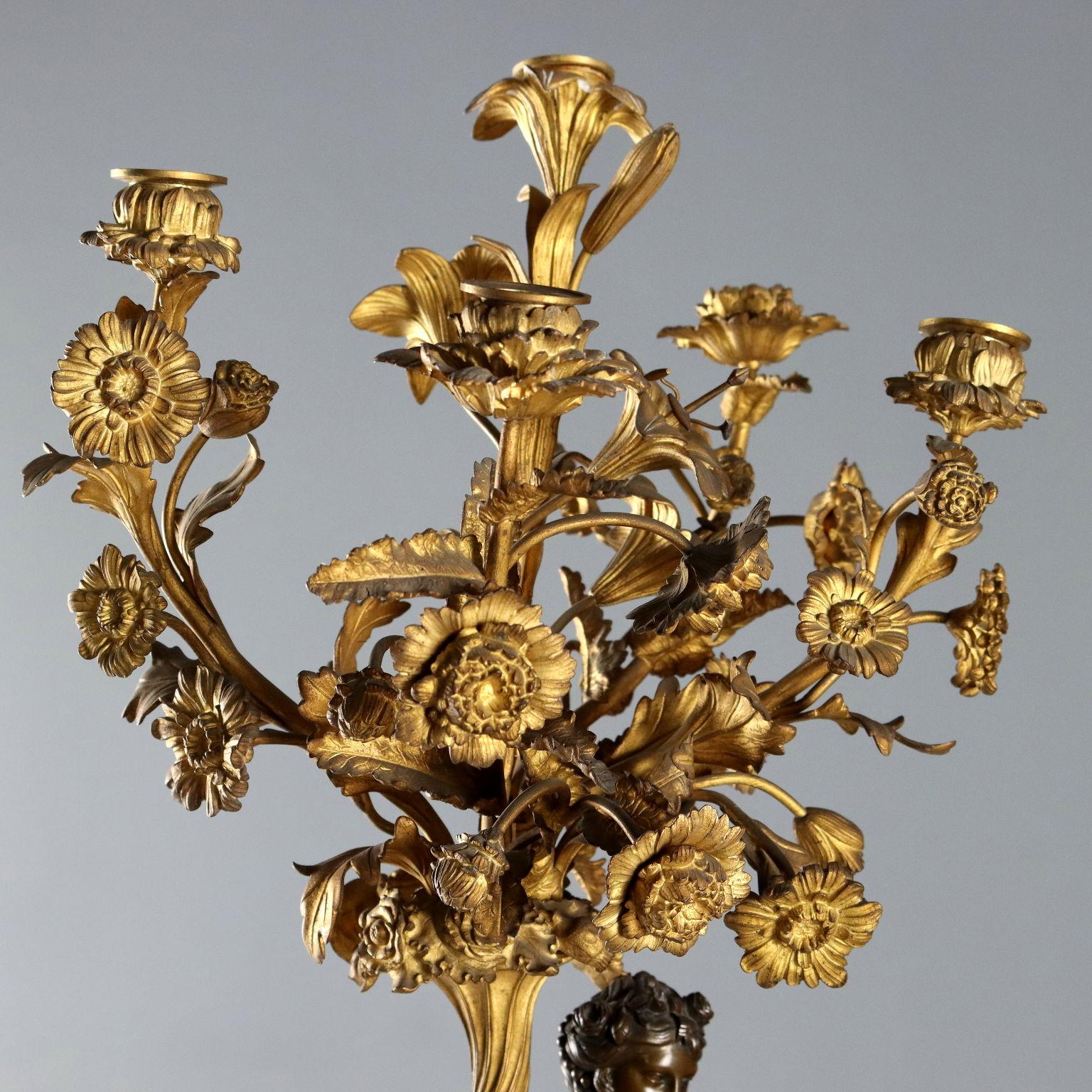 20th Century Pair of Bronze and Alpine Green Marble Candelabra France Late 1800s Early 1900s For Sale