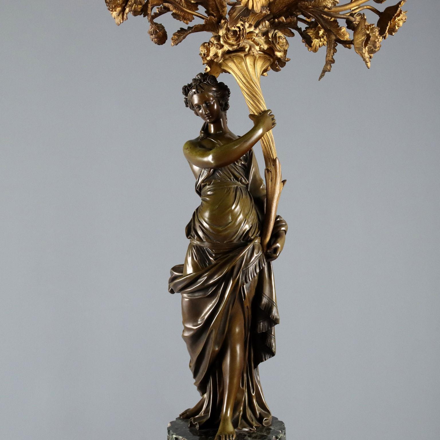 Pair of Bronze and Alpine Green Marble Candelabra France Late 1800s Early 1900s For Sale 2