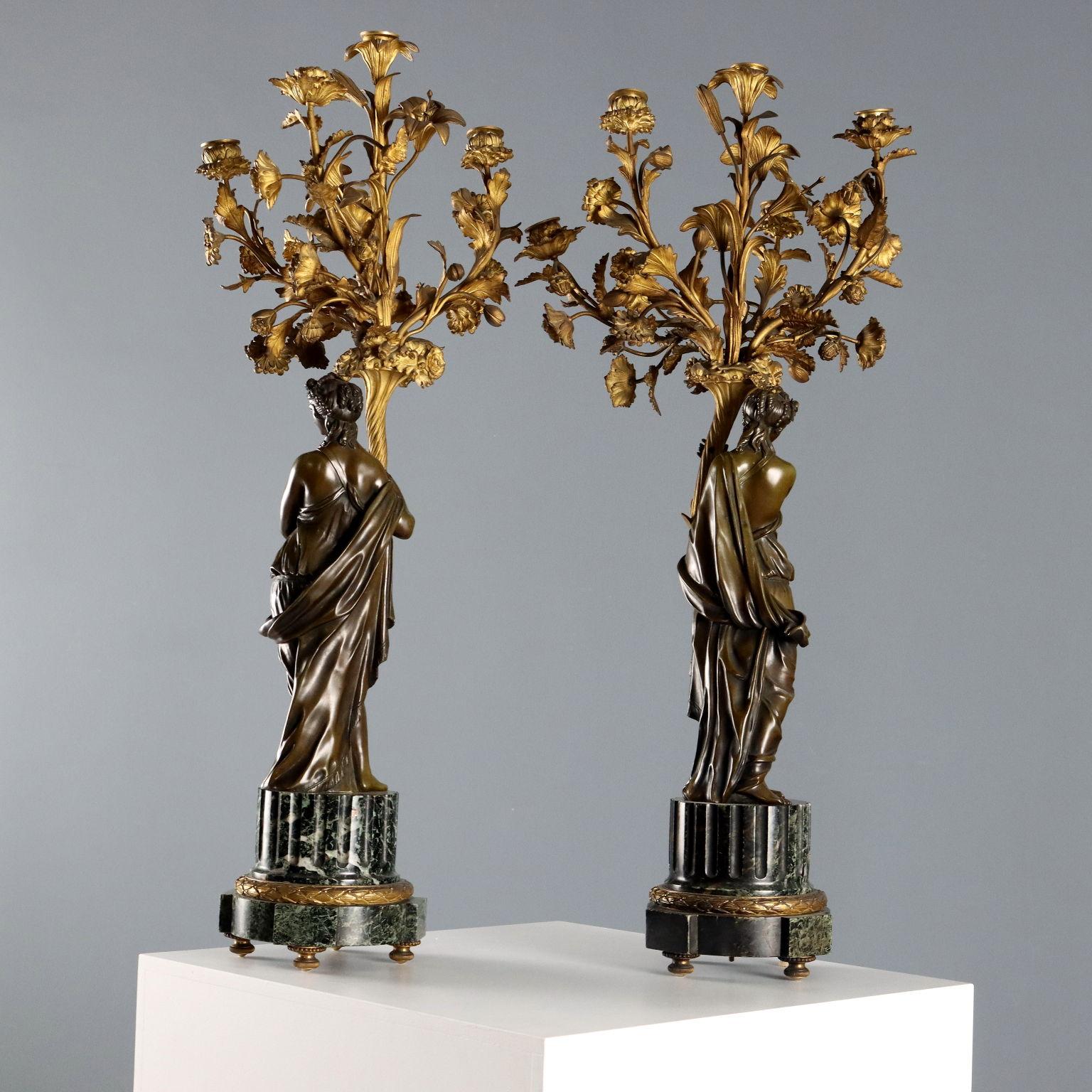 Pair of Bronze and Alpine Green Marble Candelabra France Late 1800s Early 1900s For Sale 3