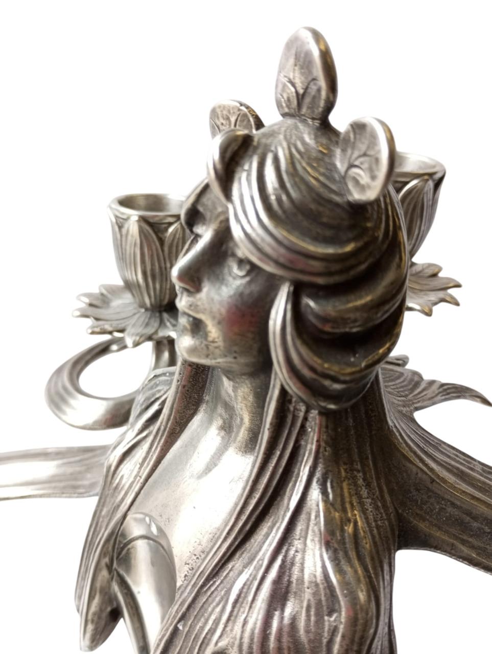 Coppia di candelabri in peltro argentato, Art Nouveau in vendita 4