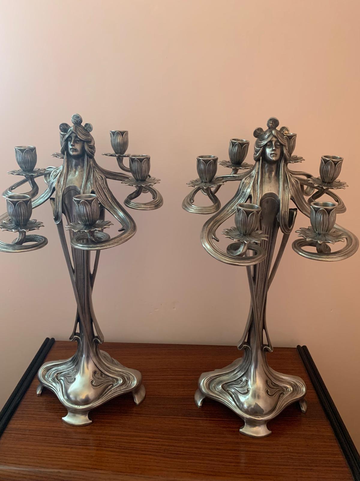 Coppia di candelabri in peltro argentato, Art Nouveau in vendita 8