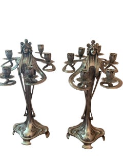 Pair of silvered pewter candelabra, Art Nouveau