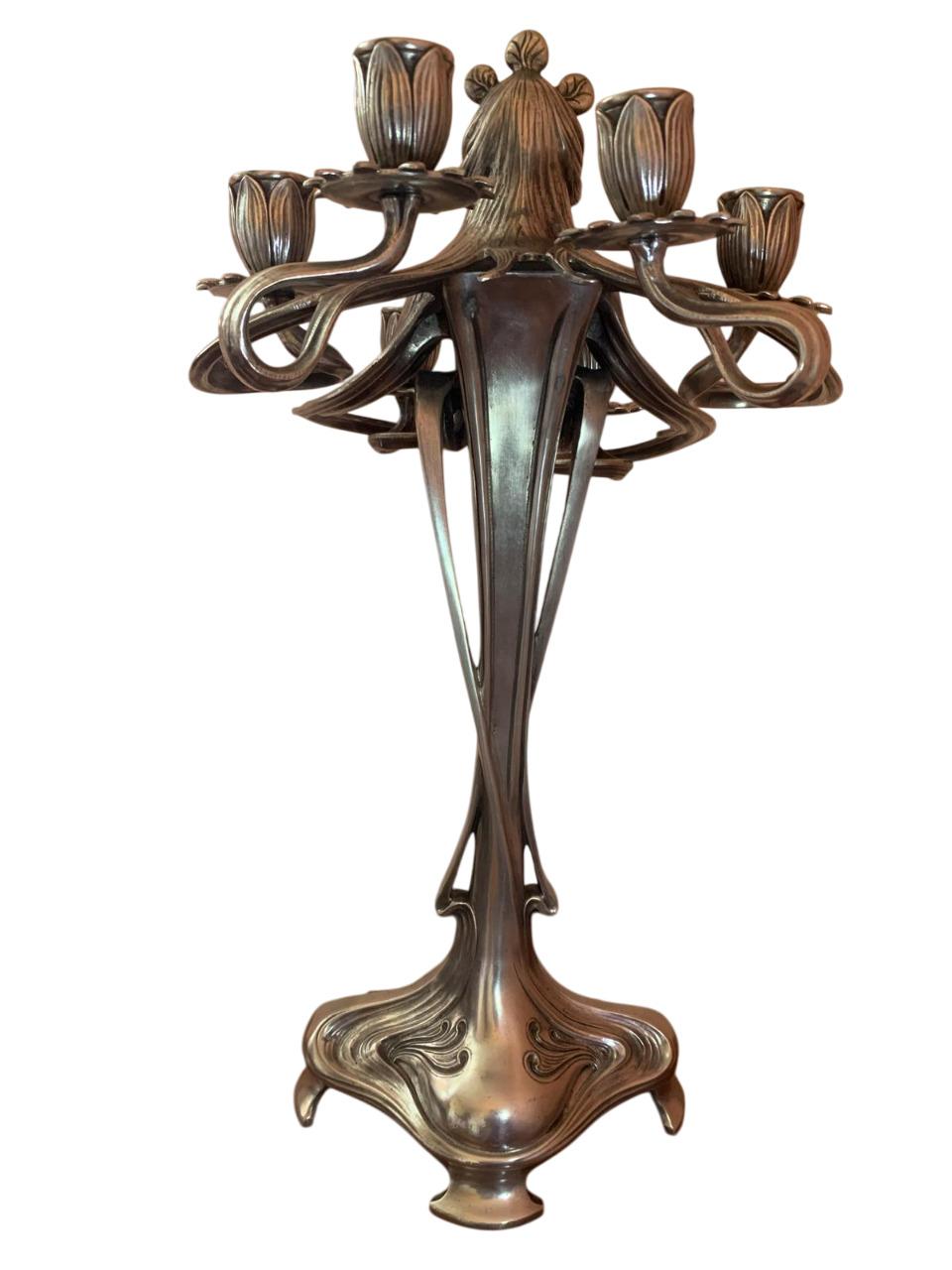 20th Century Coppia di candelabri in peltro argentato, Art Nouveau in vendita