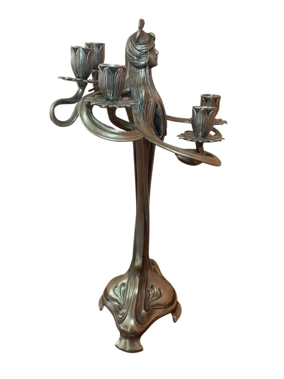 Coppia di candelabri in peltro argentato, Art Nouveau in vendita 1