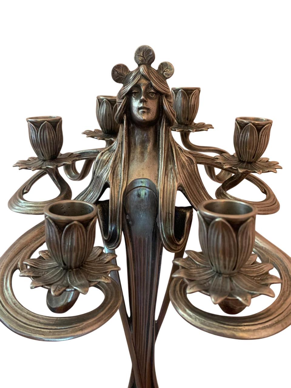 Coppia di candelabri in peltro argentato, Art Nouveau in vendita 2