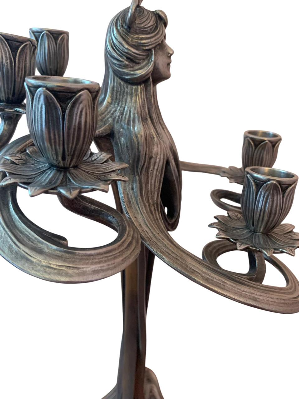 Coppia di candelabri in peltro argentato, Art Nouveau in vendita 3