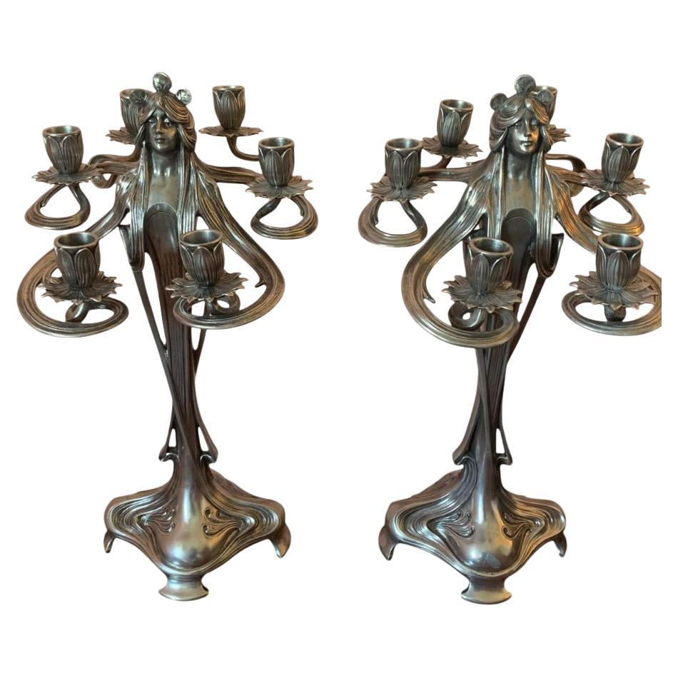 Coppia di candelabri in peltro argentato, Art Nouveau in vendita