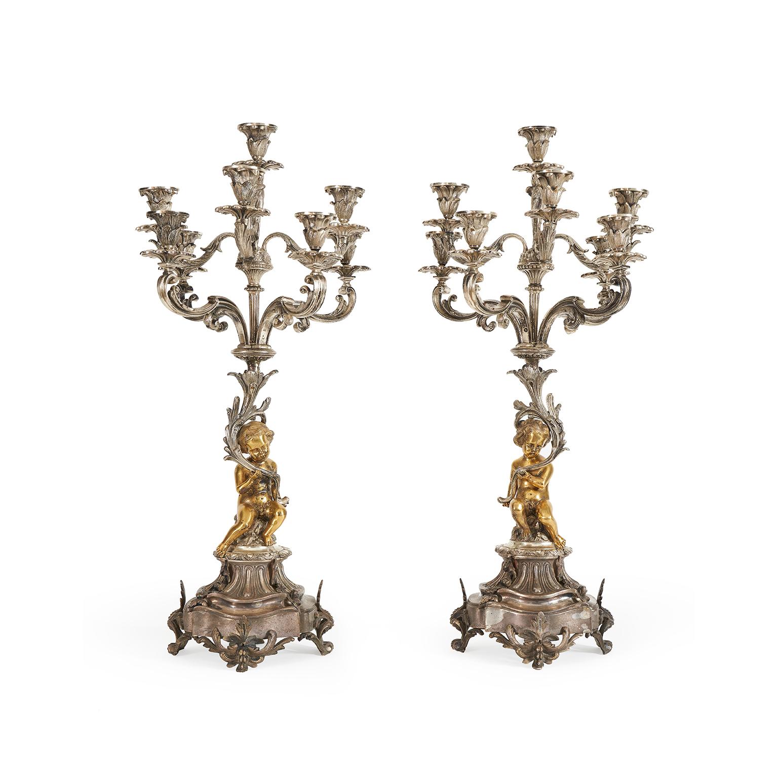 Pair Of Italian Eight-Armed Bronze Silver-plated Candelabra With Gilded Putti