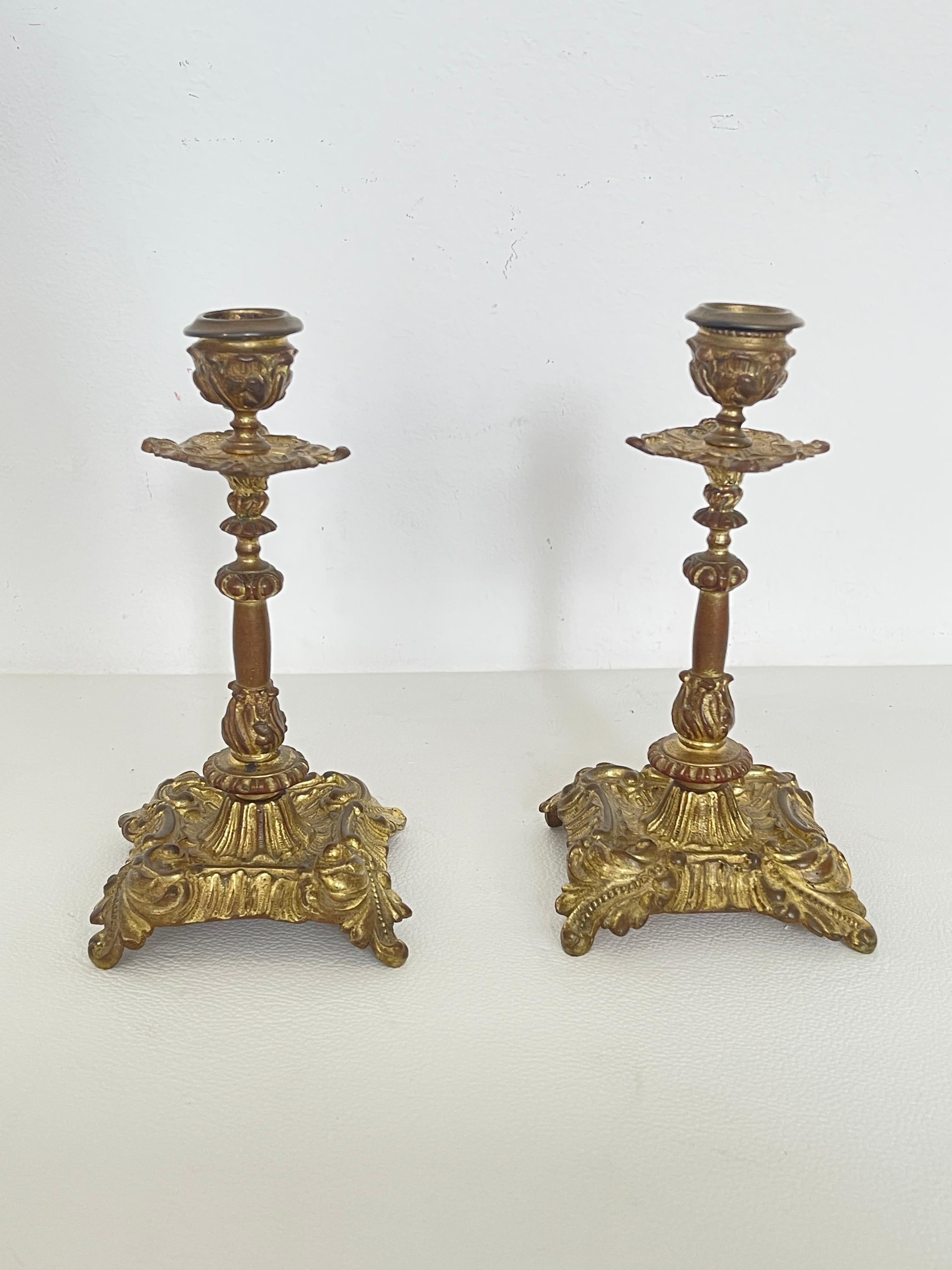 20th Century Pair of Antique Gilt Bronze Candlesticks - Classic Baroque Style For Sale