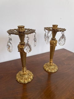Pair of 1980s vintage bronze and crystal candlesticks