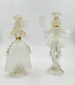 Pair of Murano glass candlesticks, Goldoni figurines, Italy, 1980s