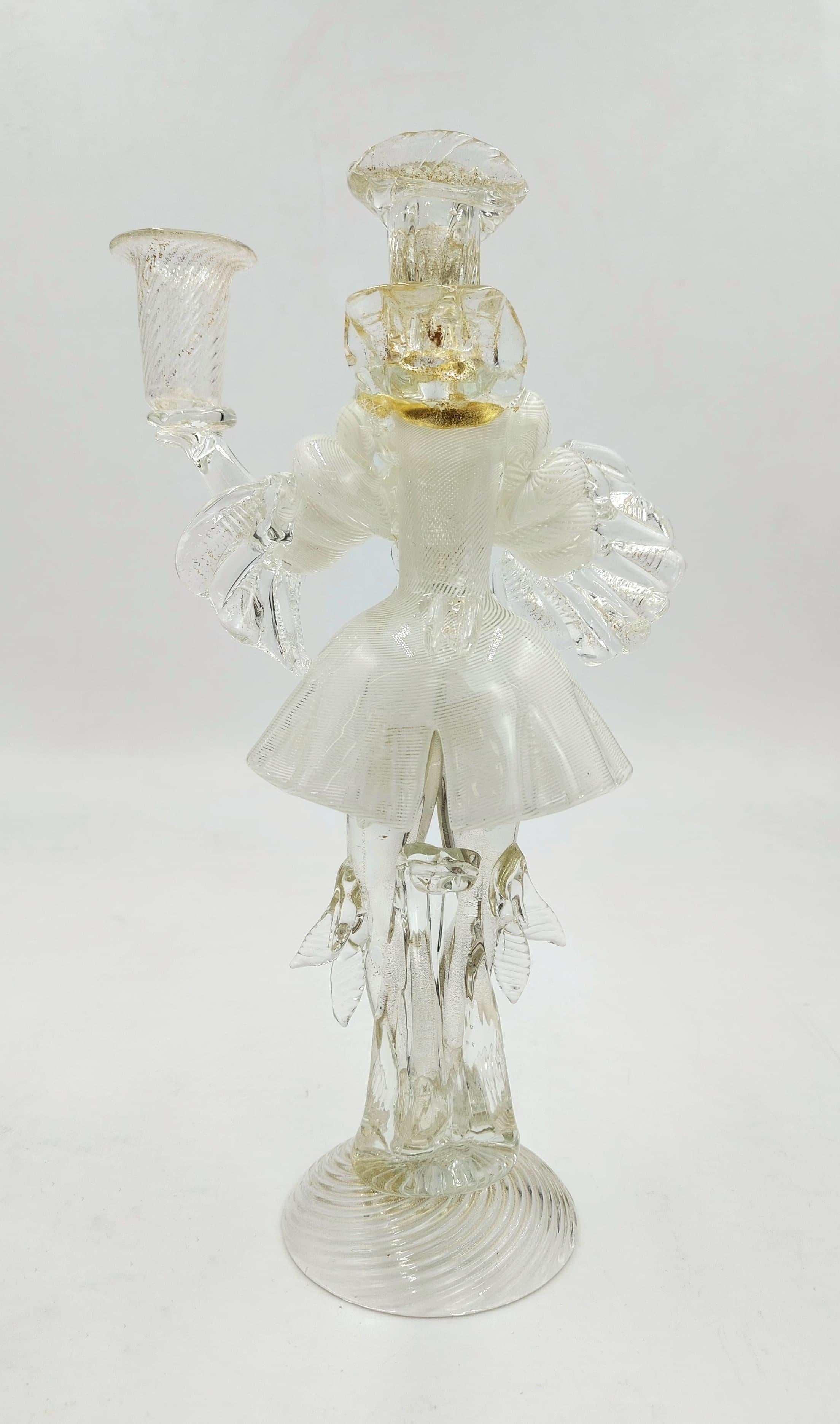Italian Pair of Murano glass candlesticks, Goldoni figurines, Italy, 1980s For Sale
