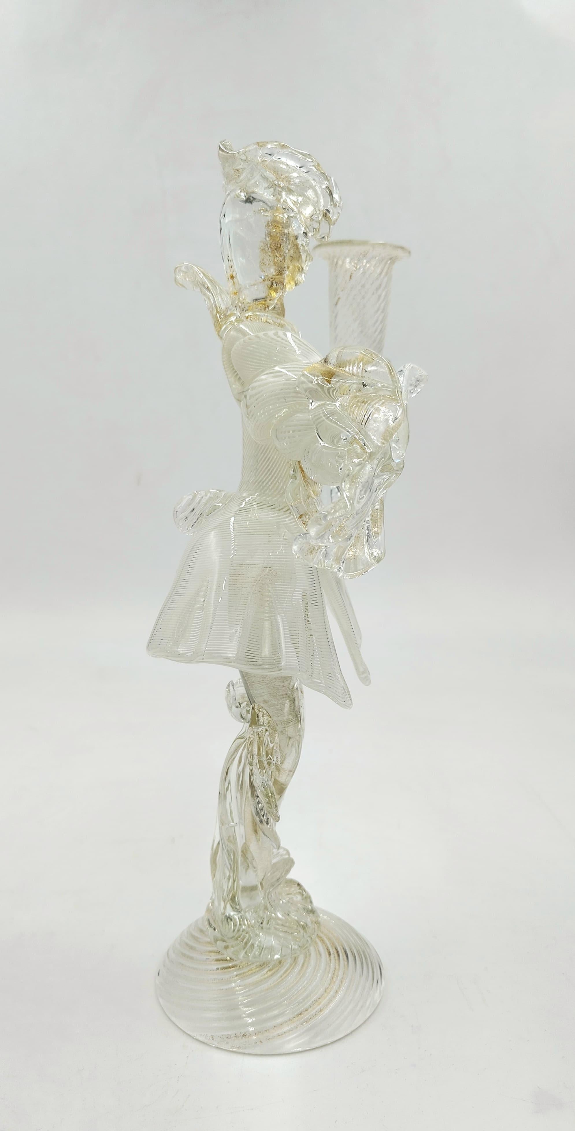 Hand-Crafted Pair of Murano glass candlesticks, Goldoni figurines, Italy, 1980s For Sale