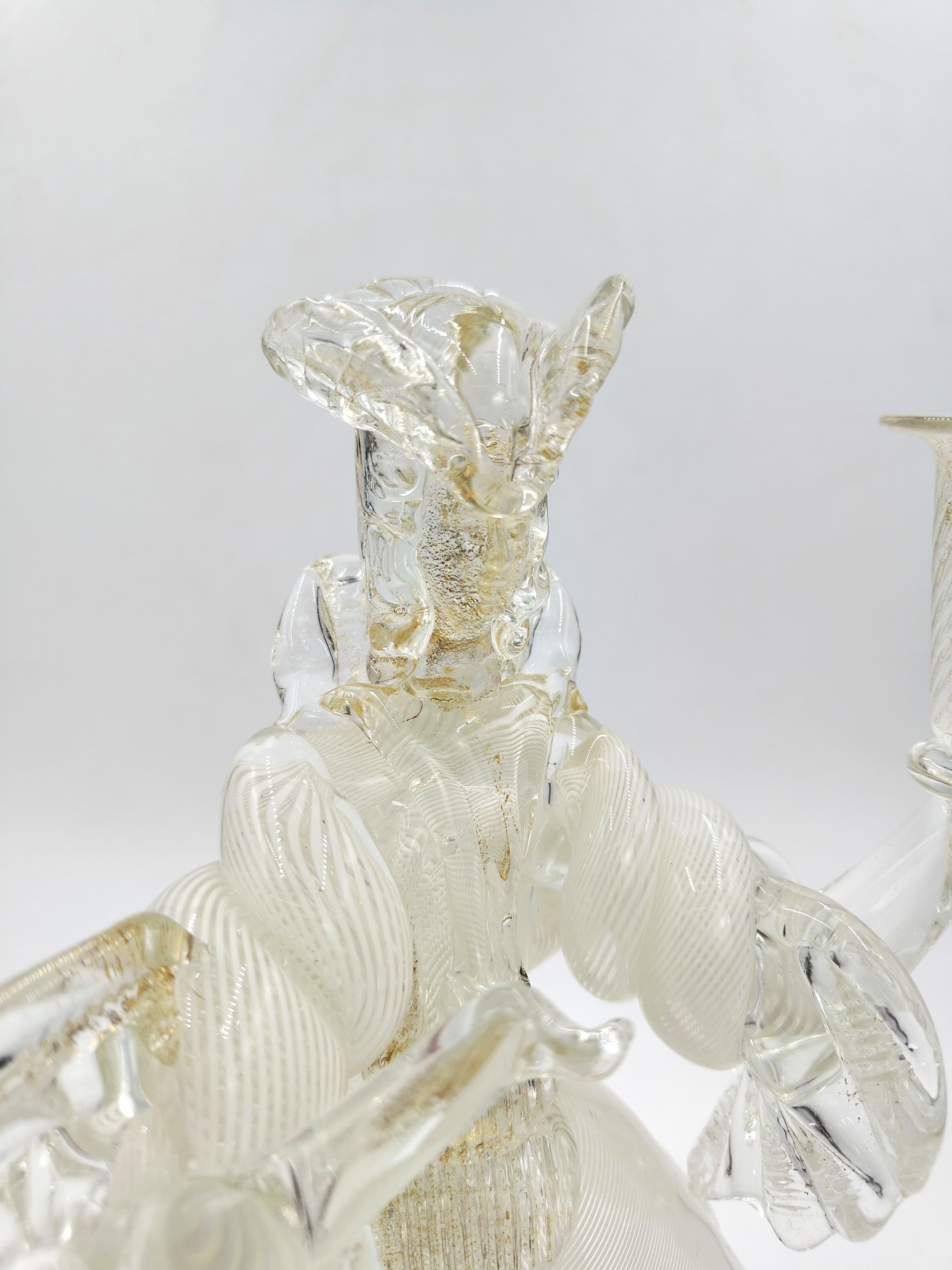 Late 20th Century Pair of Murano glass candlesticks, Goldoni figurines, Italy, 1980s For Sale