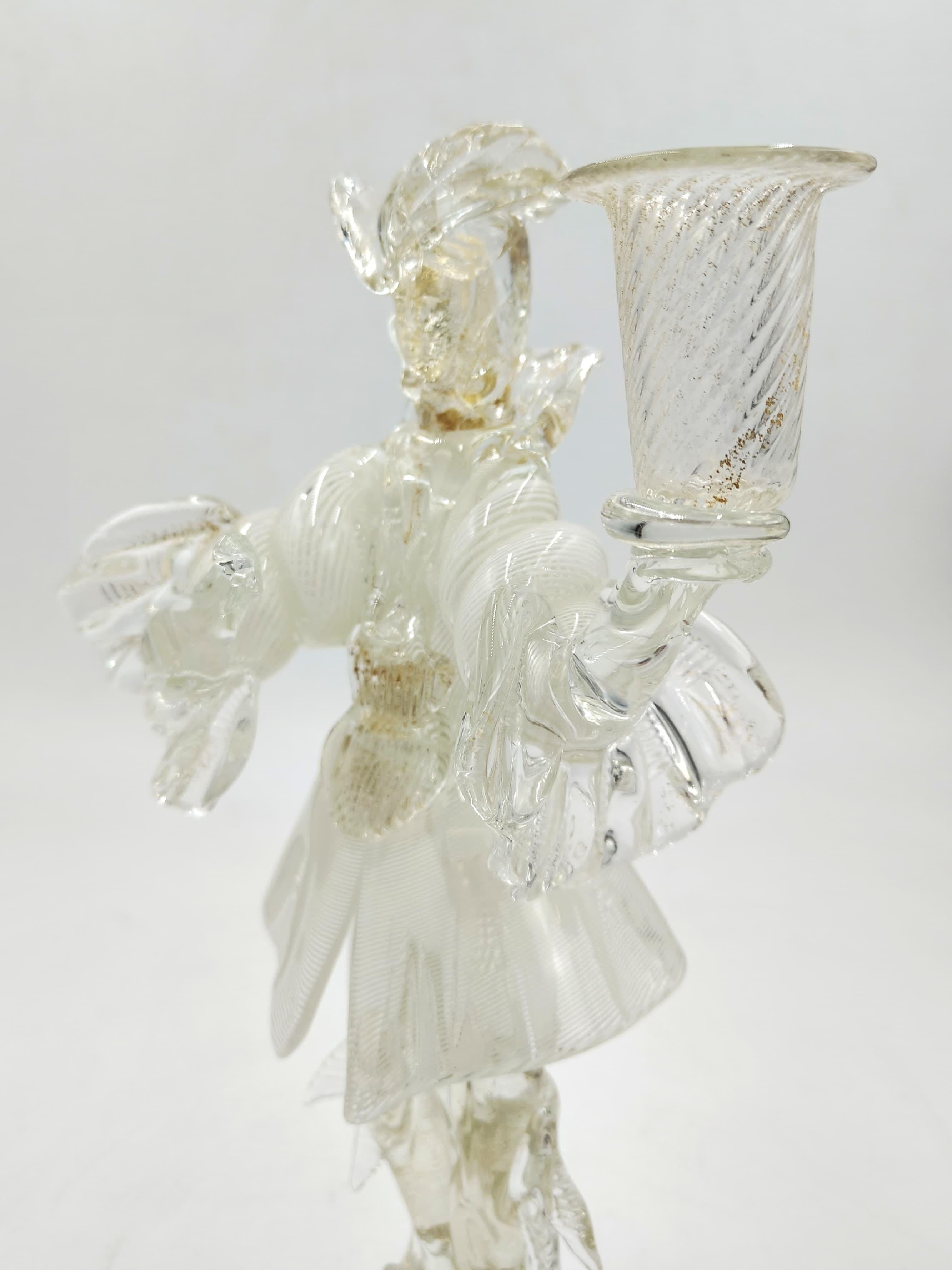 Murano Glass Pair of Murano glass candlesticks, Goldoni figurines, Italy, 1980s For Sale