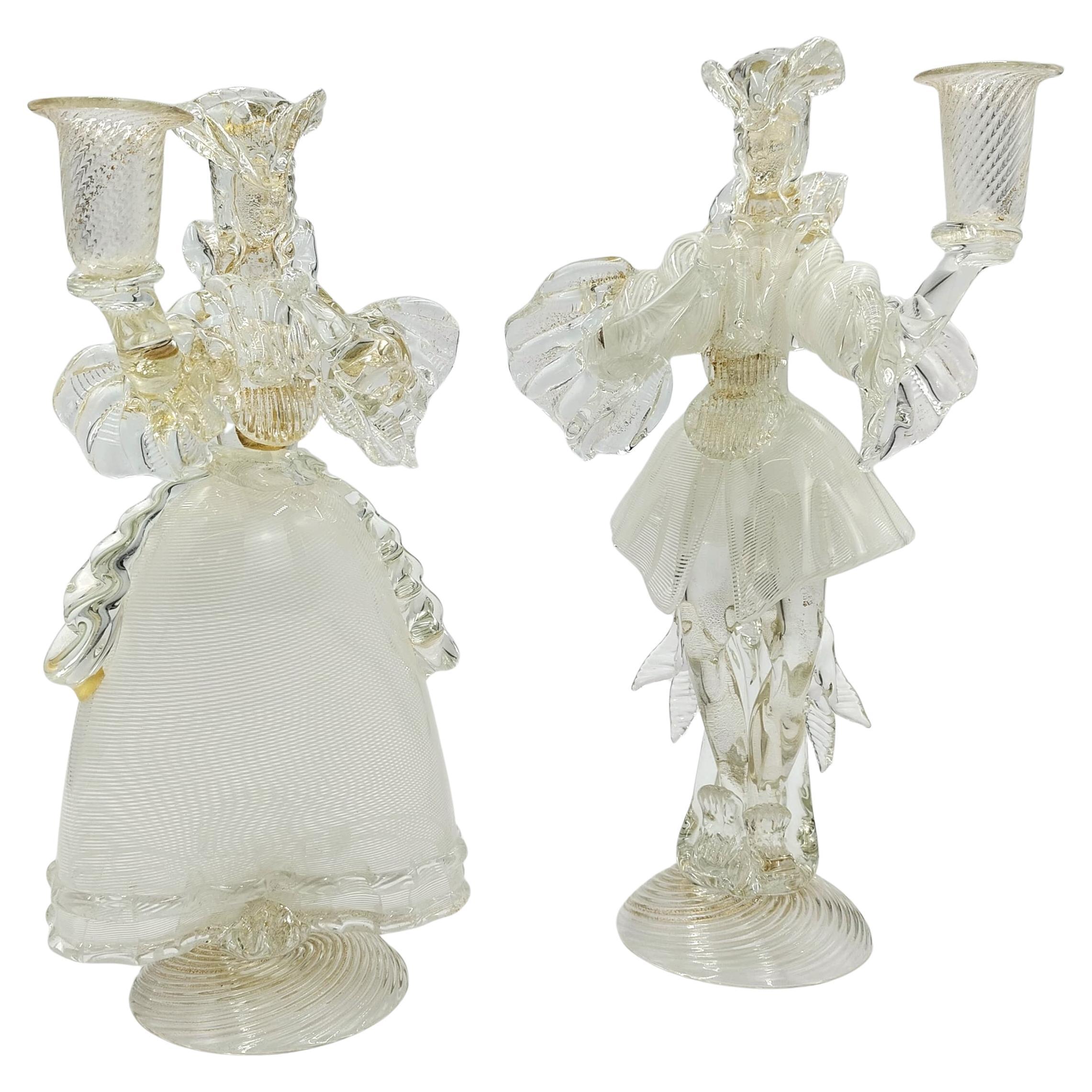 Paire de bougeoirs en verre de Murano, figurines Goldoni, Italie, années 1980