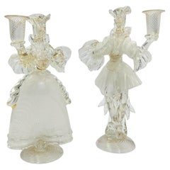 Paire de bougeoirs en verre de Murano, figurines Goldoni, Italie, années 1980