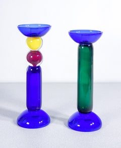 Pair of blown glass candlesticks, design Alfredo BARBINI. Murano, 70s