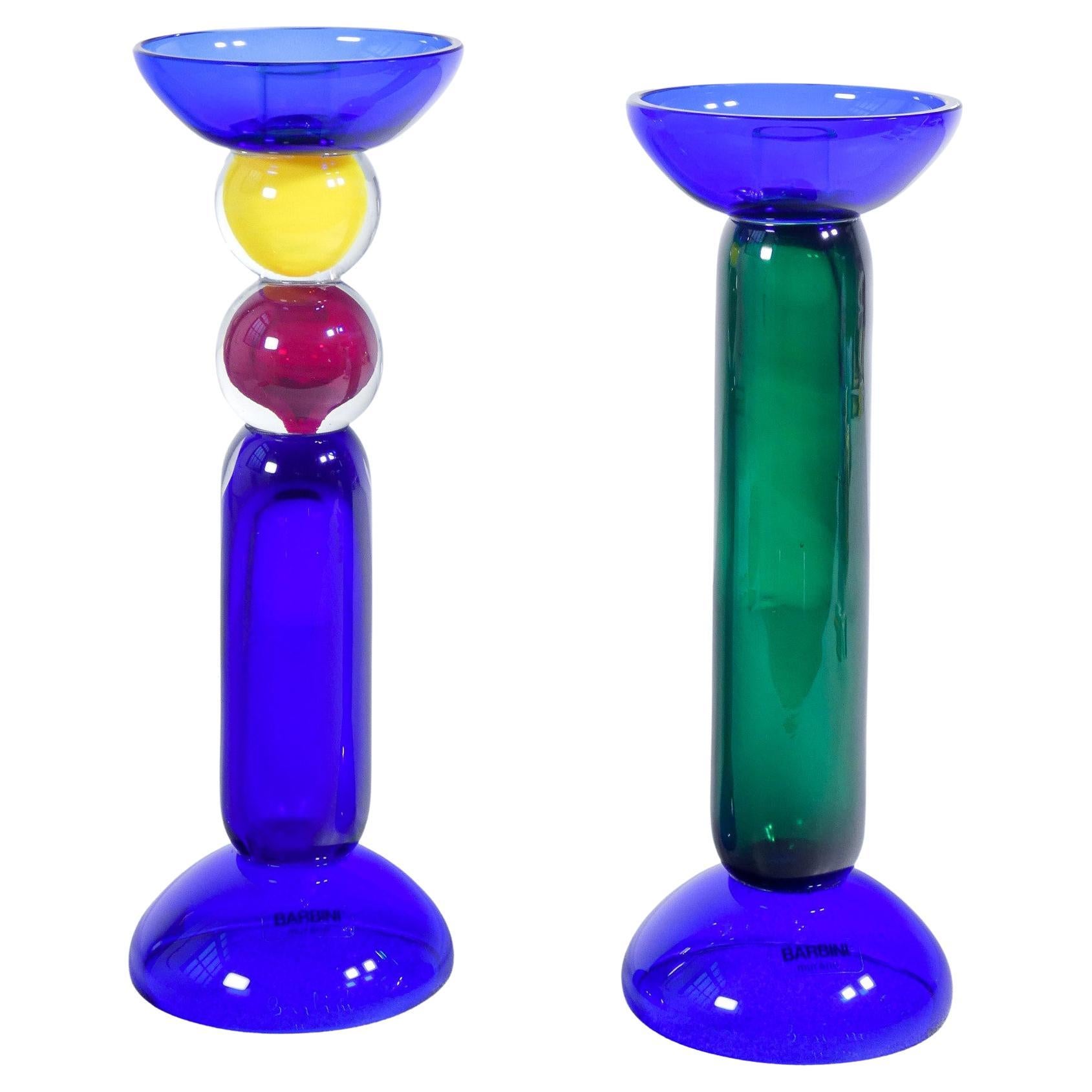 Pair of blown glass candlesticks, design Alfredo BARBINI. Murano, 70s For Sale
