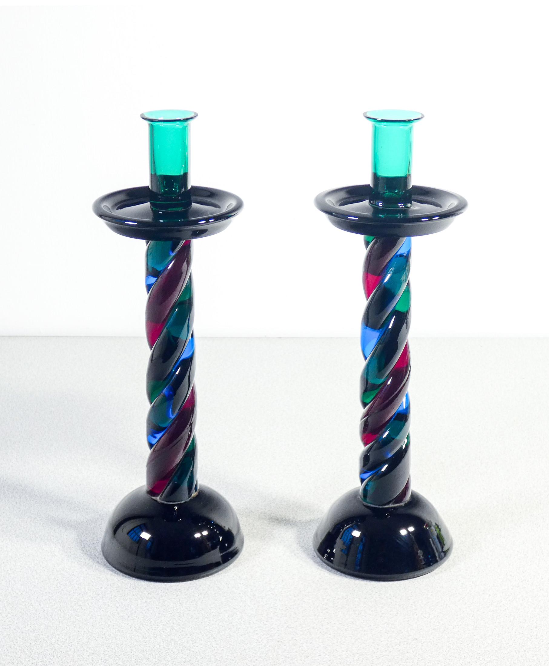 Italian Pair of polychrome blown glass candlesticks from Murano. Italy, 50s For Sale
