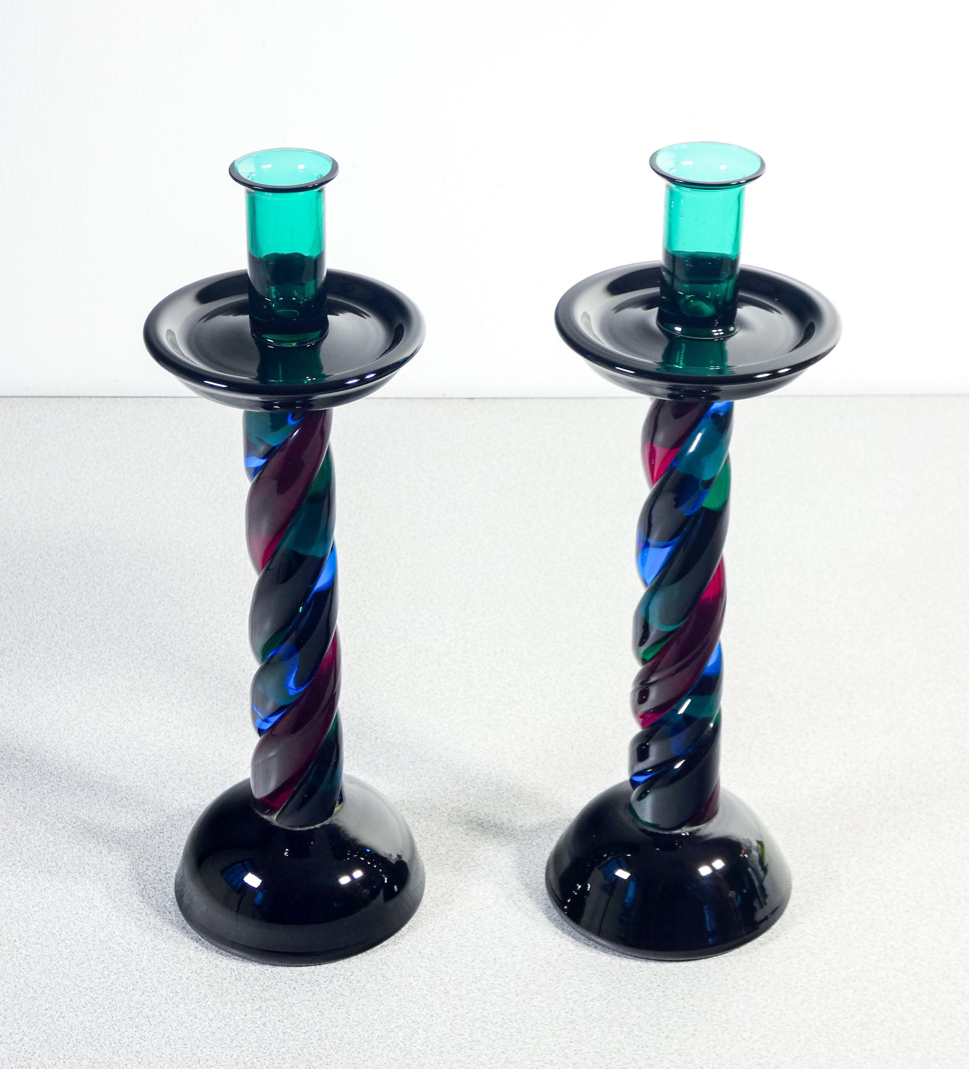 Mid-20th Century Pair of polychrome blown glass candlesticks from Murano. Italy, 50s For Sale